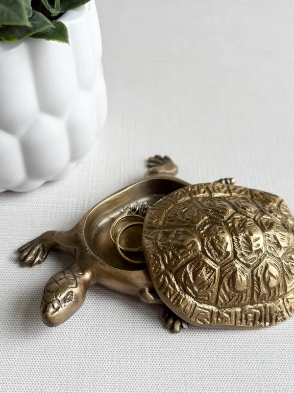 Antiqued Solid Brass Turtle Box Tabletop Desk Decor, 4-1/4”