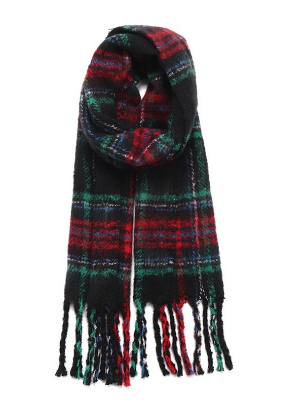 Chunky Plaid Scarf with Tassels