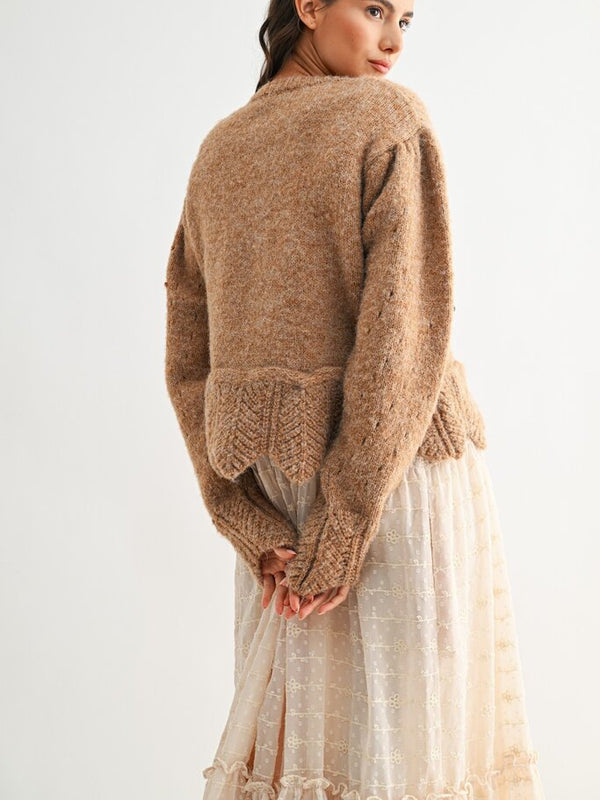 Mocha Wool Blend Cardigan with Scallops