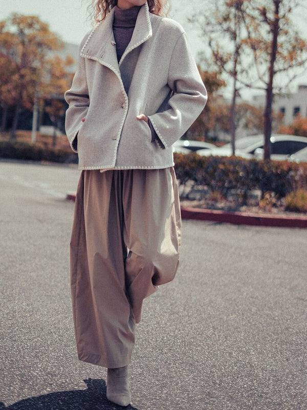 oatmeal embroidered trim collar jacket