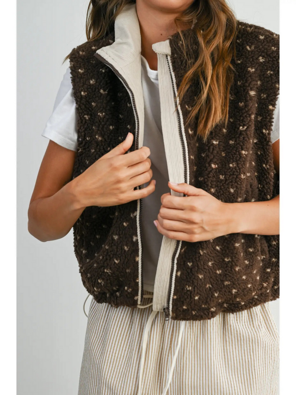 brown floral fleece sleeveless vest
