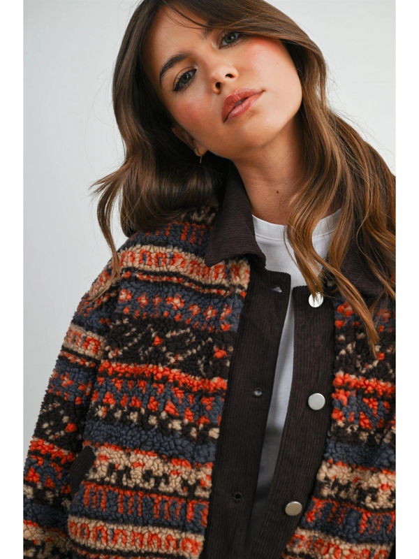 brown patterned fleece jacket