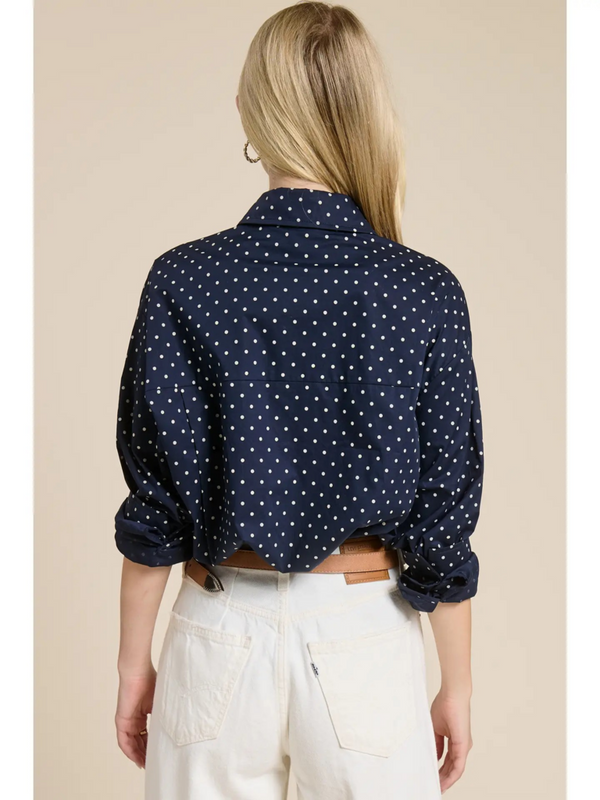 navy polka dot shirt