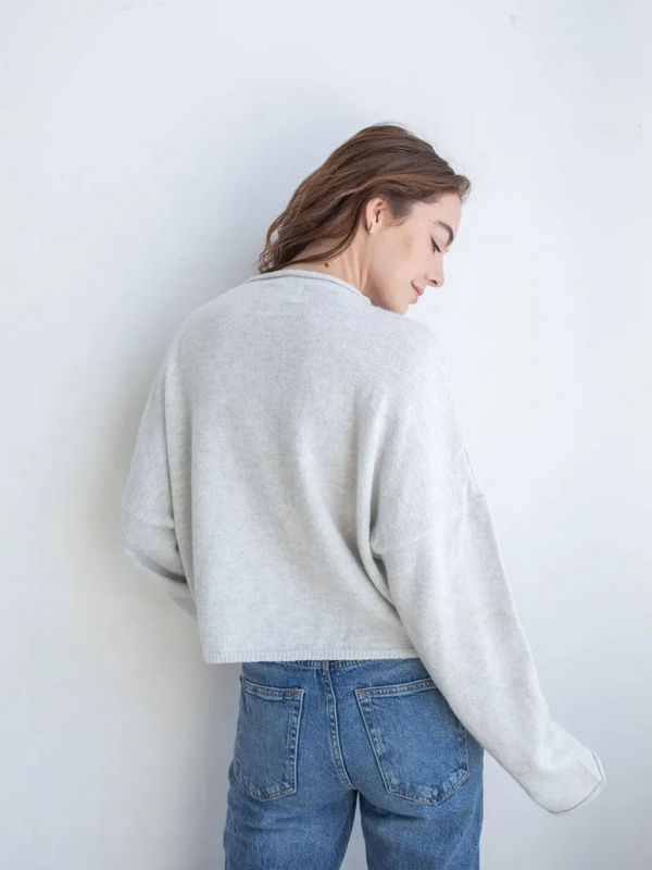 light gray cardigan
