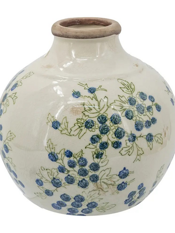 White Ceramic Vase with Blueberry Motif