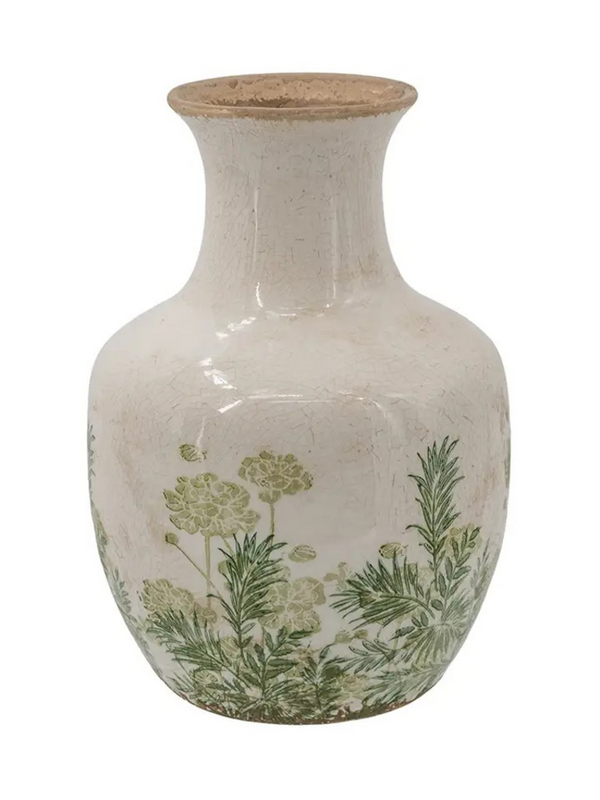 white ceramic vase with green floral motif
