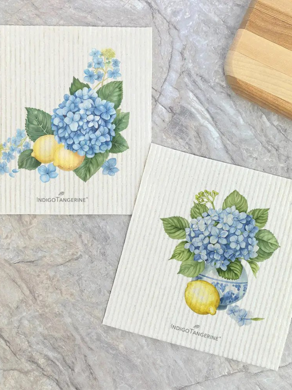lemons and hydrangeas Swedish dish cloth (2 pack)