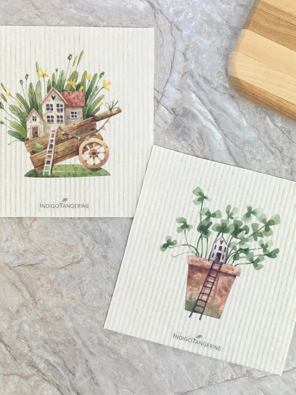 Wheelbarrow, clover fairy house Swedish dish cloth (set of 2)