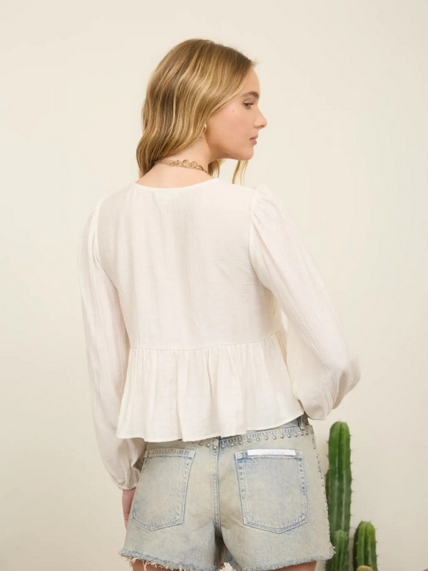 white floral eyelet embroidery front tie long sleeve top