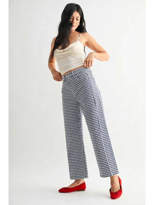 navy gingham barrel jean