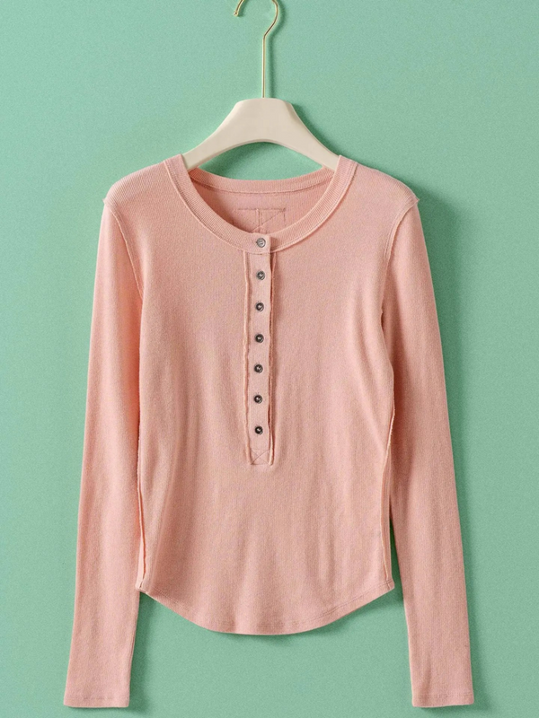pink ribbed henley long sleeve top