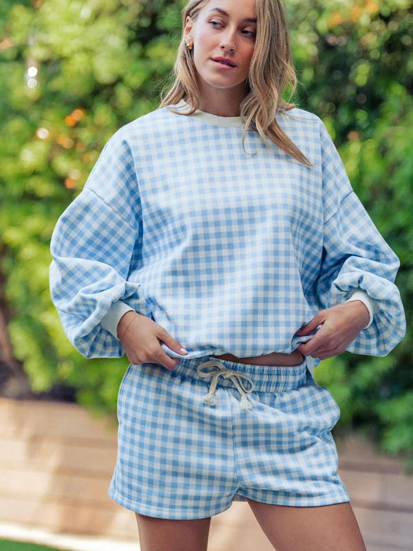 blue gingham fuzzy knit lounge set