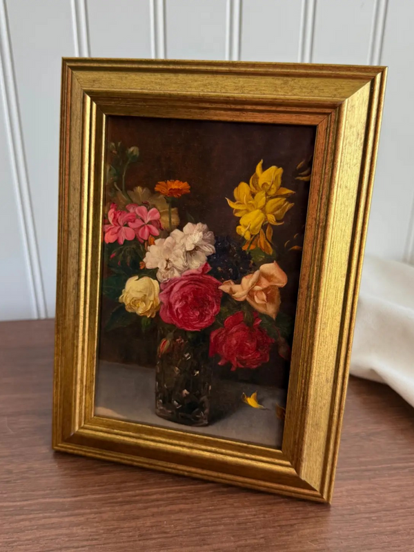 vintage style vase of roses art print in a frame