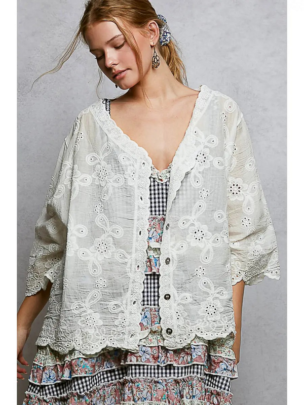 off white crocheted V neck short sleeve top