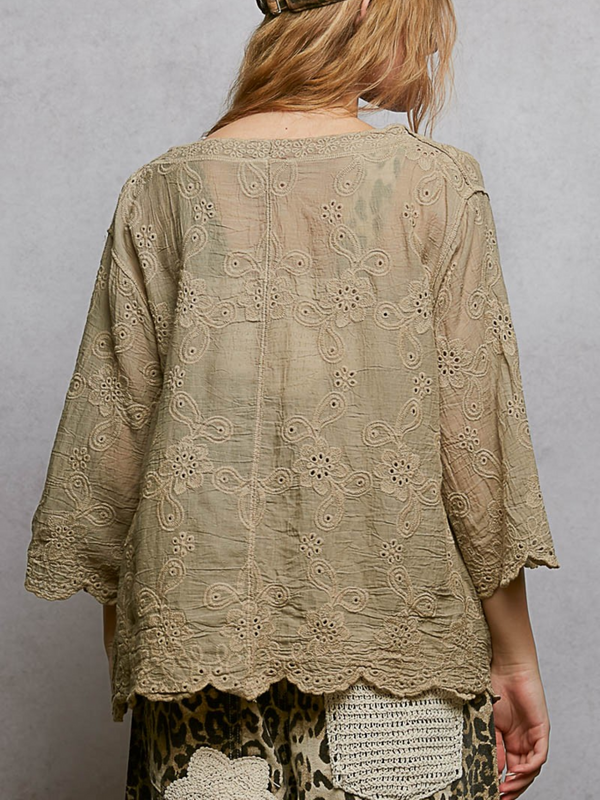 taupe crocheted V neck short sleeve top