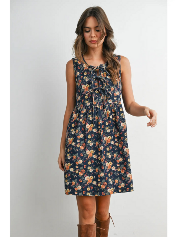 dark denim floral tie-front babydoll dress