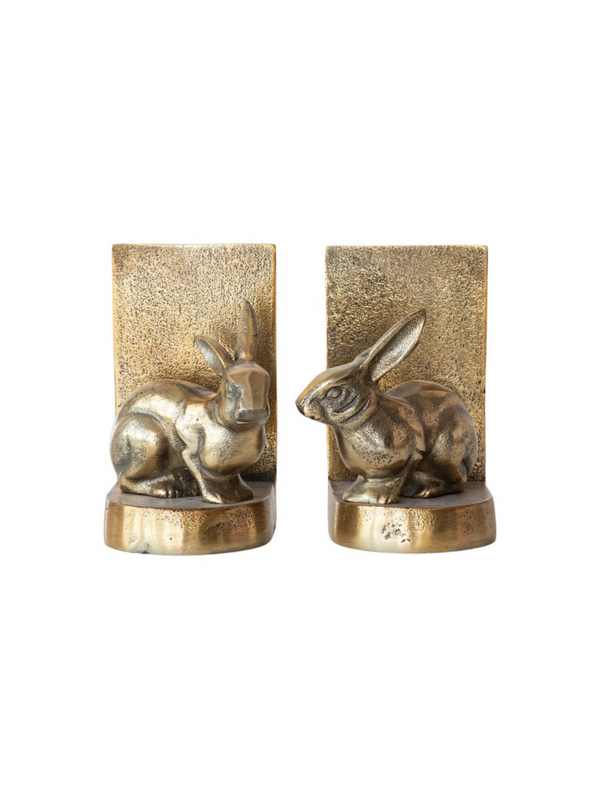 S/2 Cast Aluminum Rabbit Bookends, Antique Gold Finish