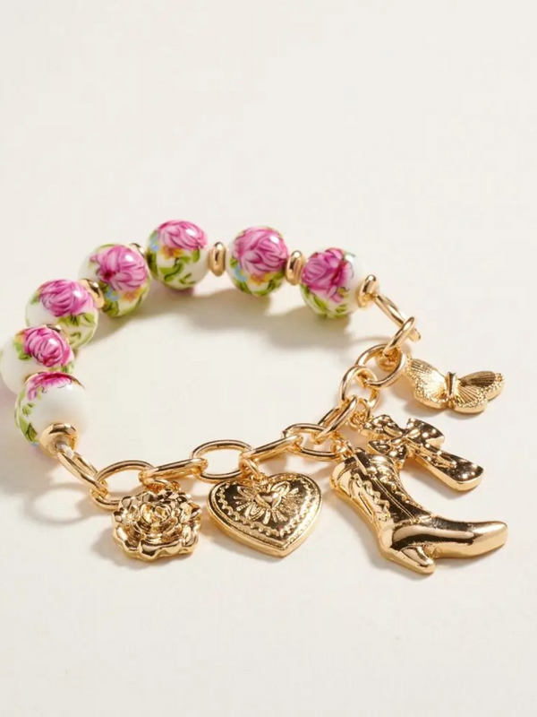 floral ceramic bead western charm stretch bracelet