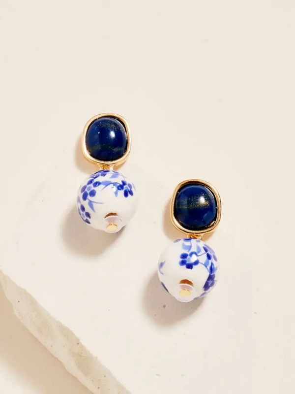 blue pattern printed ceramic bead drop earrings