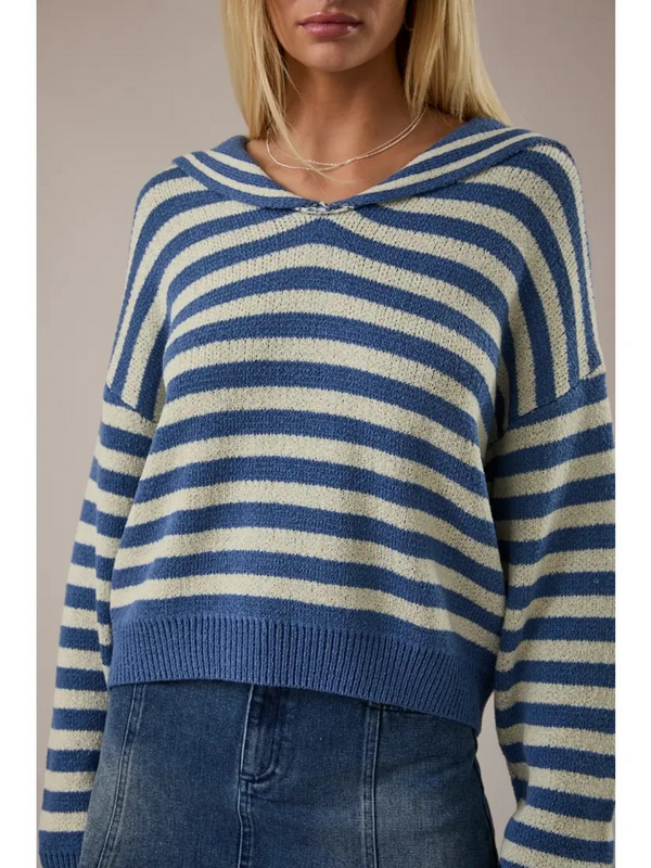 sailor collar stripe sweater in blue and ivory
