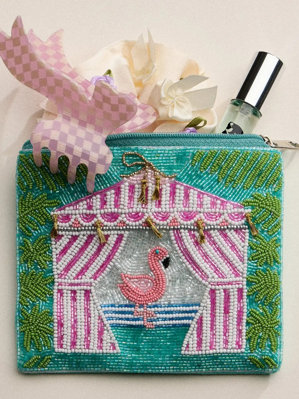 flamingo cabana beaded summer pouch