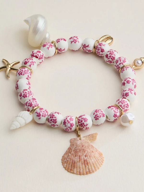 pink floral beaded seashell charm bracelet