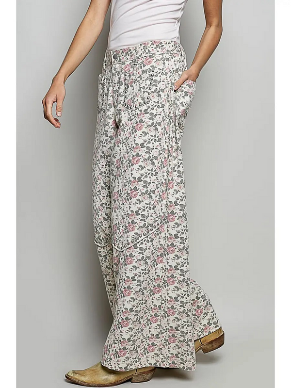 cream floral high rise wide pants