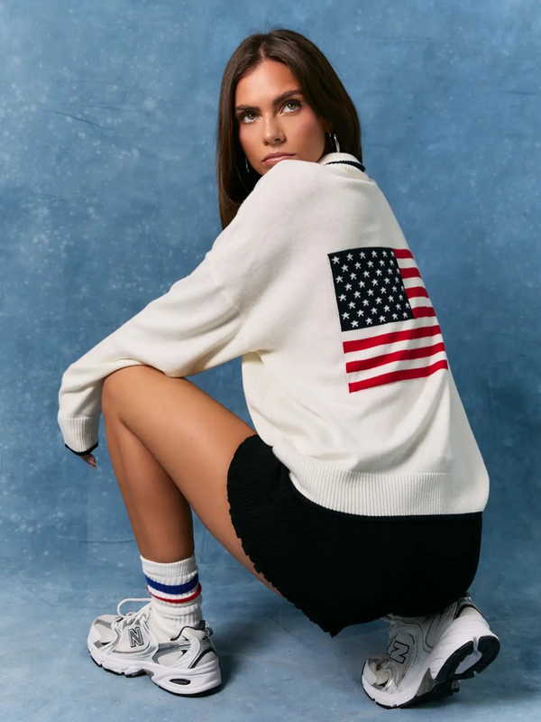 USA flag half zip long sleeve sweater
