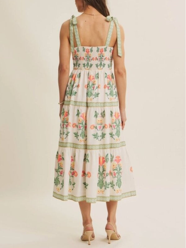 Floral midi dress with shoulder tie