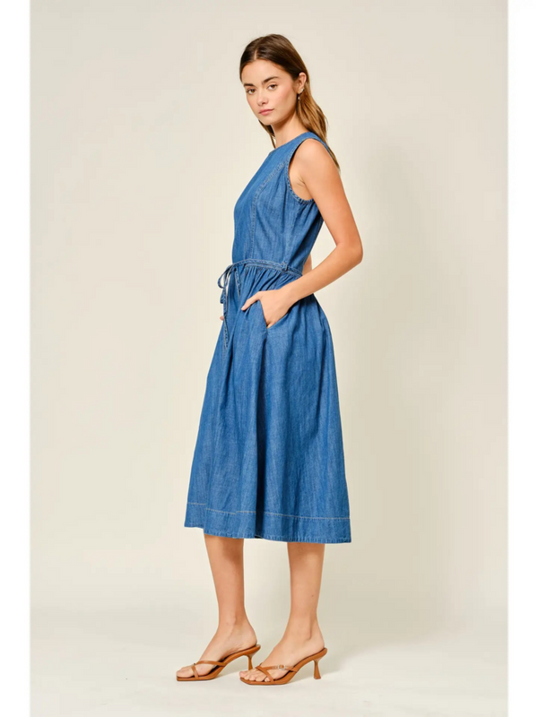 denim belted paneled midi dress