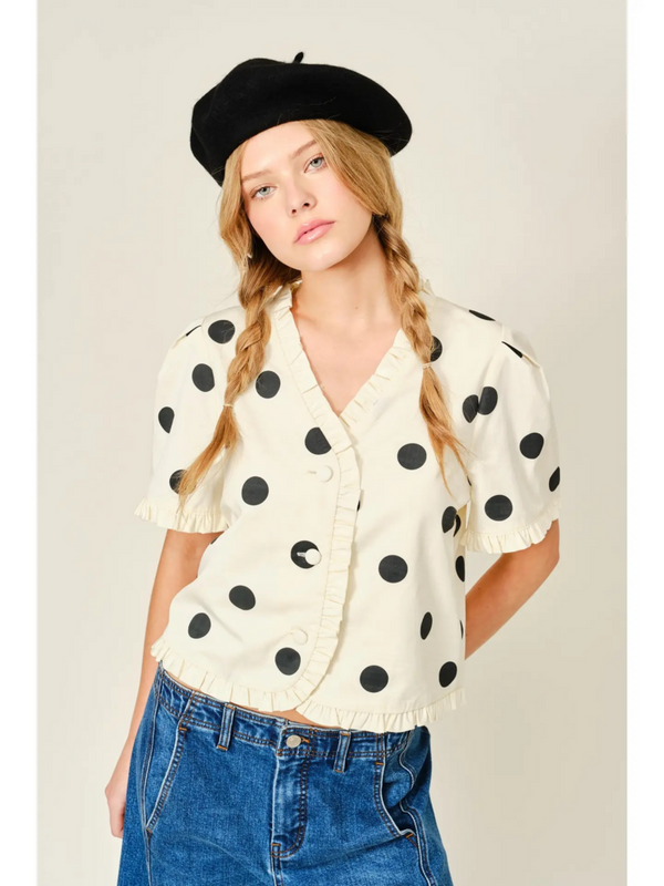 cream ruffle edge dot print short sleeve jacket