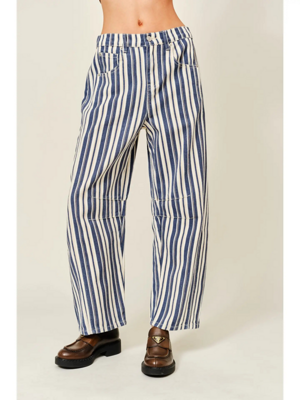 navy stripe barrel pants