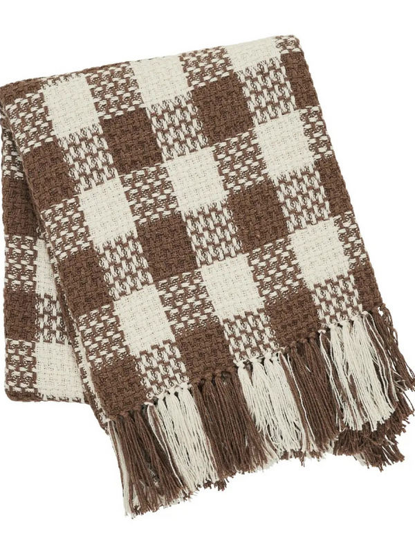 Cocoa Brown Woven Check Throw Blanket with Fringe 50x60