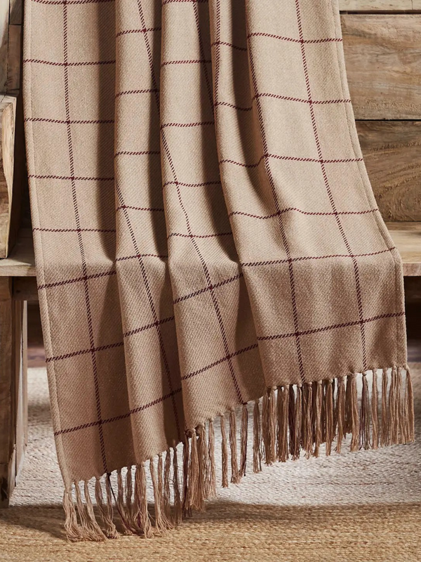 Windowpane Throw Blanket Tan Burgundy 50x60