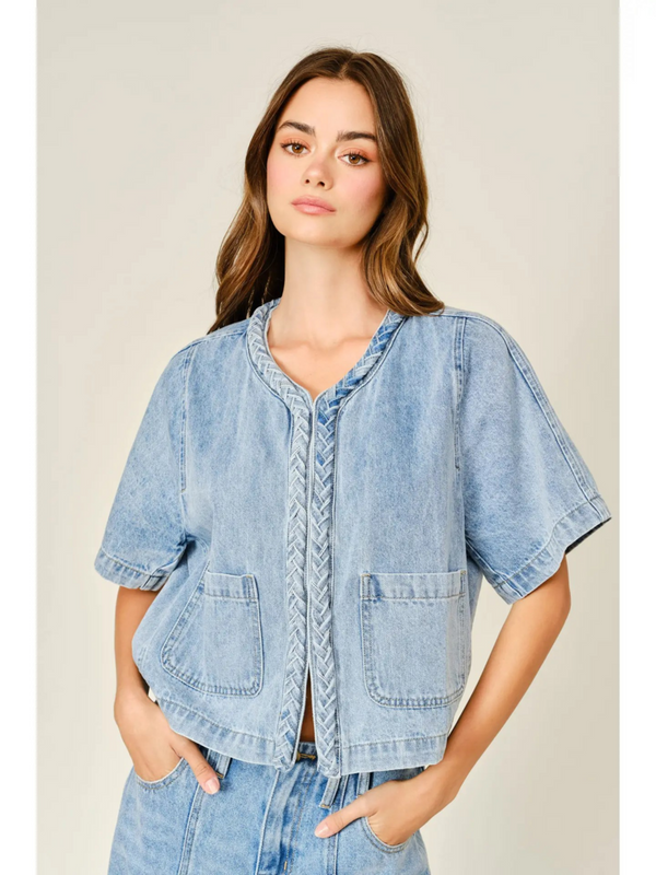 denim braided detail short sleeve cardigan