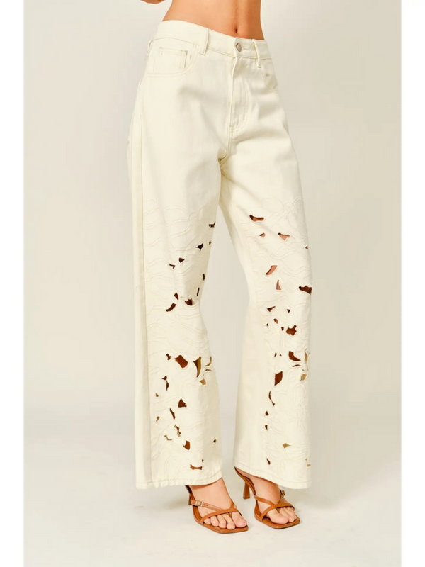 cream cut out embroidered straight leg pants