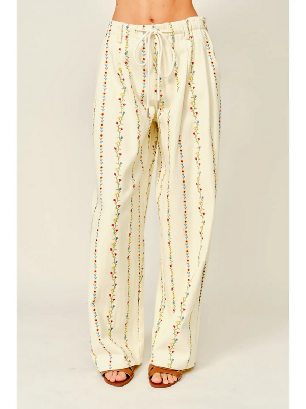 cream flower embroidered pleated wide pants with drawstring