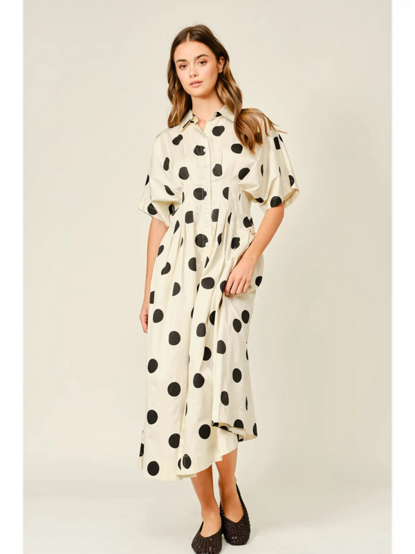 cream and black polka dot pintuck midi shirt dress