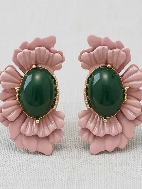 Retro Oval Glass Bead Flower Earrings