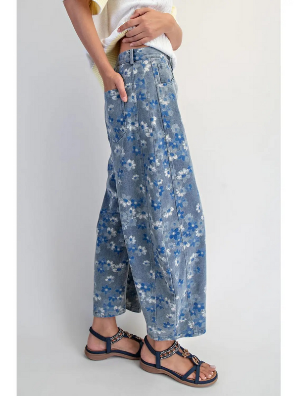denim floral barrel jeans