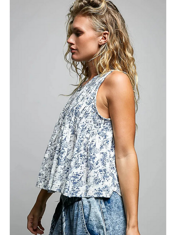 navy floral round neck sleeveless top