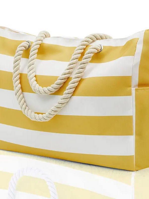 large striped yellow tote bag