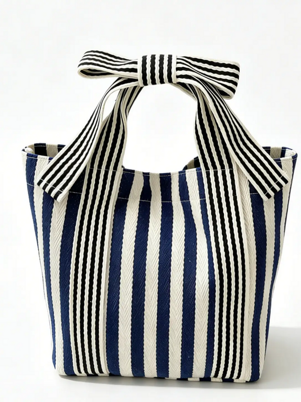 Navy Blue Striped Canvas Tote Bag
