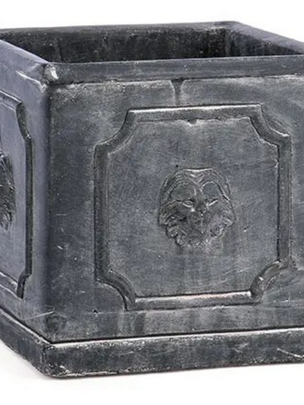 square cement planter with lion detail