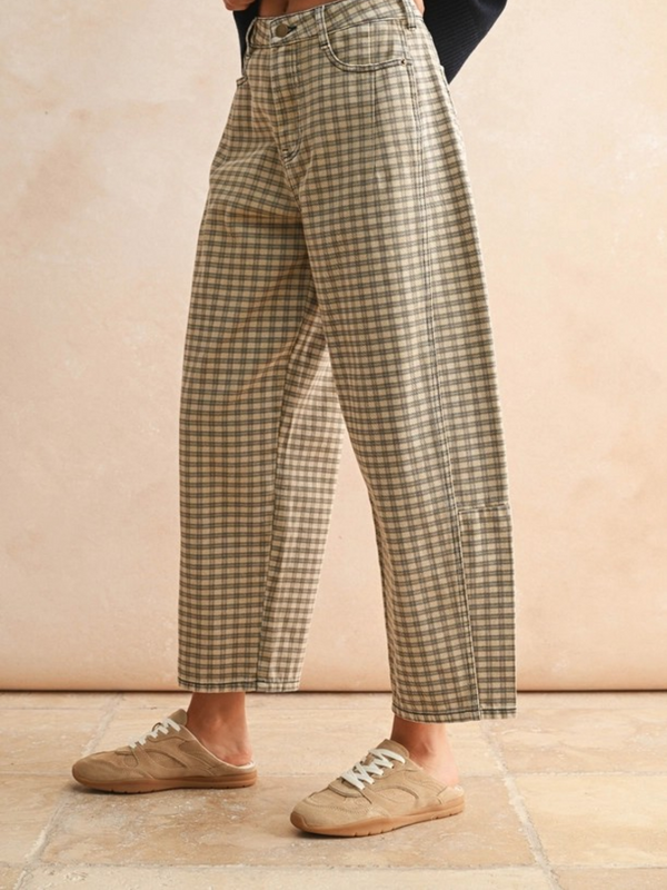tan/brown mini checker pattern barrel pants
