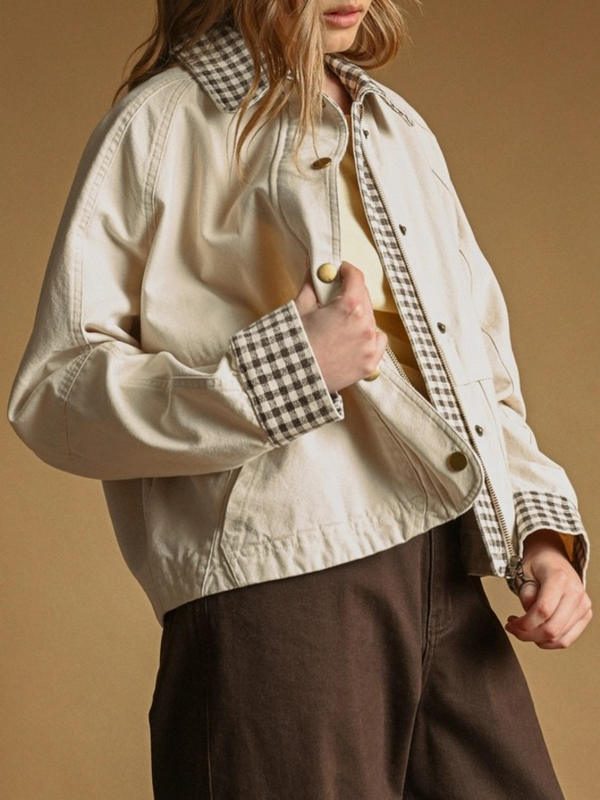 beige gingham collard twill jacket