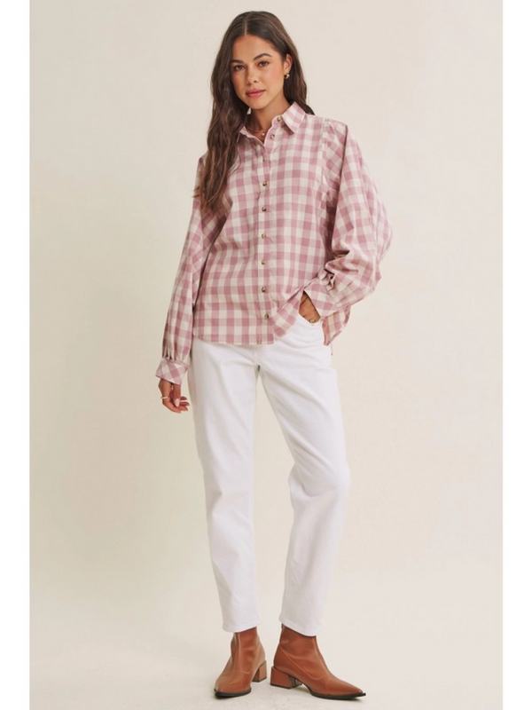 lilac mauve batwing sleeve relaxed gingham top