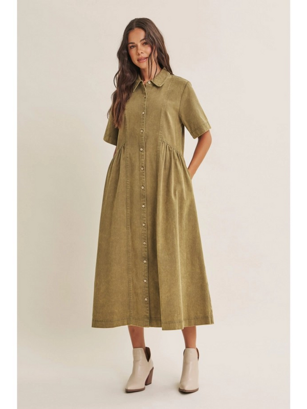 washed olive relaxed cotton shirt midi dress