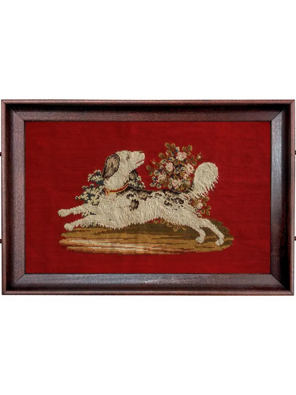 hunting spaniel needlepoint wood and glass decorative tray