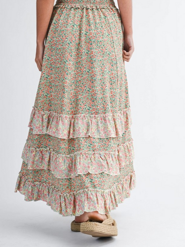 coral floral ruffle maxi skirt